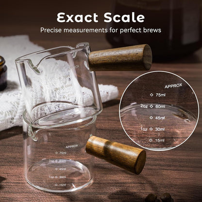 2 Pack Espresso Shot Cups Measuring Cups, 4 FL OZ Wooden Handle V-Shaped Double Spout Espresso Shot Glass, Coffee Bar Essentials, Coffee Accessories7