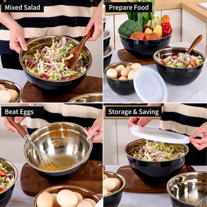 Black Mixing Bowls with Lids Set of 7, Stainless Steel Nesting Bowl with Khaki Lid for Non-Slip Mixing Prepping Storing Serving, 7 Sizes-7/3.6/2.7/2.1/1.5/1/0.8 QT5