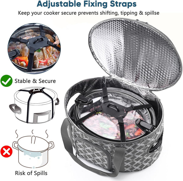 Double-Layer Slow Cooker Carrying Case for Crock Pot 6-8 Quart, Insulated Crockpot Carrier with Adjustable Lid Straps,Portable Slow Cooker Travel Bag for Potluck, Parties, Family Gatherings3