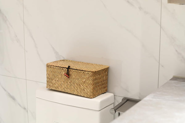 Rectangular Handwoven Seagrass Small Storage Basket with Lid for Shelves and Home Organizer Bins,S (10.2"X5.5"X4.3"H), Natural5