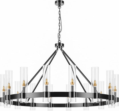 48 Inch Black Wagon Wheel Chandelier with Glass Shade, 16 Lights, Modern Farmhouse Style, Ideal for Dining Room, Kitchen, Entryways7