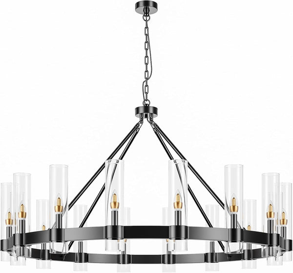 48 Inch Black Wagon Wheel Chandelier with Glass Shade, 16 Lights, Modern Farmhouse Style, Ideal for Dining Room, Kitchen, Entryways7