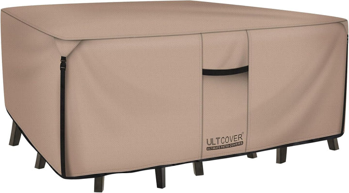 Rectangular Patio Heavy Duty Table Cover - 600D Tough Canvas Waterproof Outdoor Dining Table and Chairs General Purpose Furniture Cover Size 111L X 74W X 28H Inch