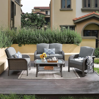 4-Piece Wicker Patio Furniture Set, All-Weather Rattan Conversation Bistro Loveseat Chair and Table Set for Backyard, Balcony and Deck with Soft Cushions and Metal Table(Dark Gray)1