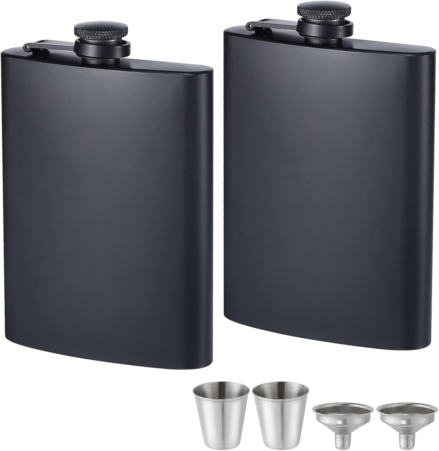 romorc-2-pack-hip-flasks-for-liquor-matte-black-8-oz-stainless-steel-leak-proof-thin-flasks-with-2pcs-funnels-and-cups-for-wedding-party-groomsman-bridesmaid-gift-black