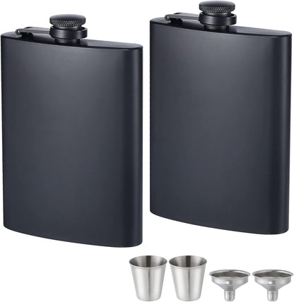 ROMORC 2 Pack Hip Flasks for Liquor Matte Black 8 Oz Stainless Steel Leak-Proof Thin Flasks with 2Pcs Funnels and Cups for Wedding Party, Groomsman, Bridesmaid, Gift (Black)1