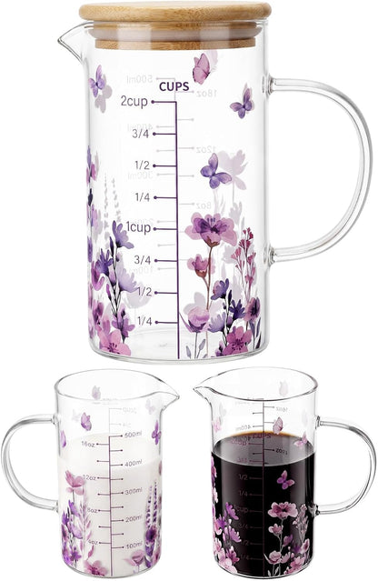 Glass Measuring Cup 16Oz/2Cups/500Ml Easy to Read V-Shaped Spout High Borosilicate Glass Measuring Cup with Bamboo Lid Stirring Spoon and Brush for Coffee Kitchen Baking Cooking(Purple Flower)1
