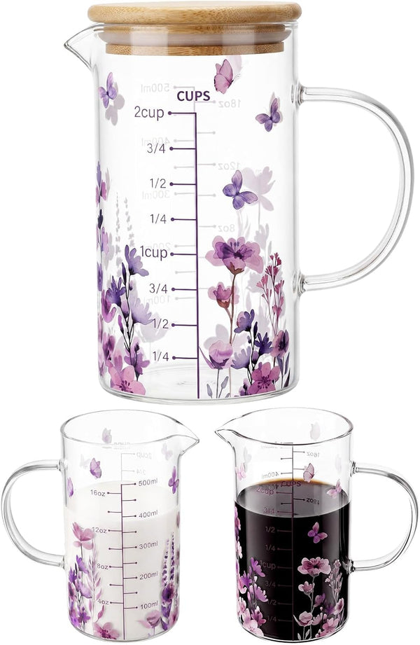 Glass Measuring Cup 16Oz/2Cups/500Ml Easy to Read V-Shaped Spout High Borosilicate Glass Measuring Cup with Bamboo Lid Stirring Spoon and Brush for Coffee Kitchen Baking Cooking(Purple Flower)1