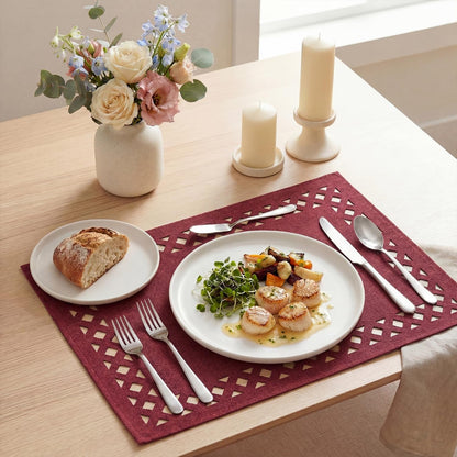 Farmhouse Placemats Set of 4, Linen Textured Lattice Cutwork Place Mats for Kitchen Dining Table Decor and Outdoor Party, 12 X 18 Inchs, Red3