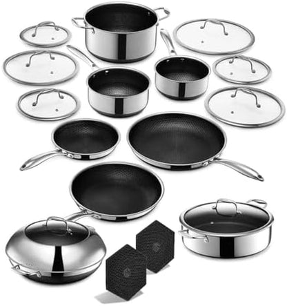 Hexclad Hybrid Nonstick 18-Piece Cookware Set, 2, 3, and 8Qt Pots with Lids, 2 Silicone Trivets, 8", 10", and 12" Pans with Lids, 7Qt Chicken Fryer with Lid, and 14" Wok with Lid, Stay-Cool Handles1