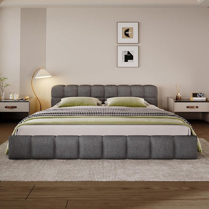 King Size Elegant Chenille Upholstered Platform Bed with Thick Headboard and Footboard, Block Style Upholstery Grounded Bed Frame, Gray1