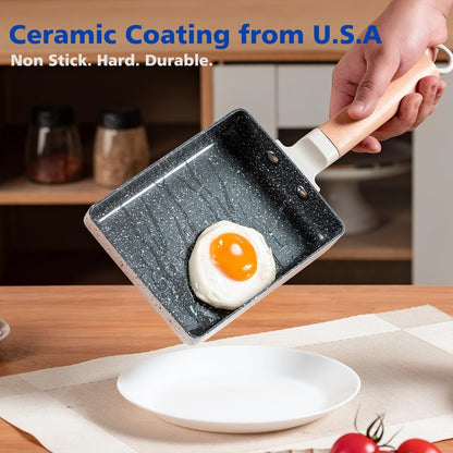 Ceramic Coating Square Japanese Tamagoyaki Omelette Small Skillet, Non-Stick Rectangle Egg Roll Pan with Wood Handle4