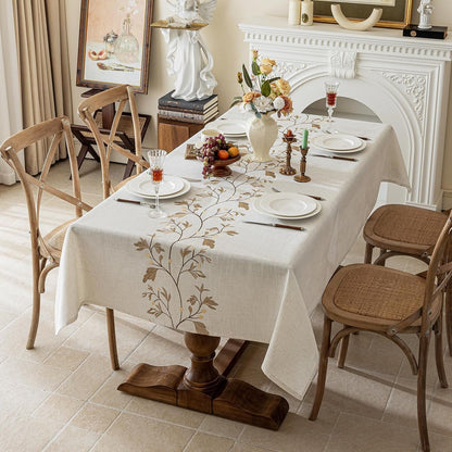 Rustic Waterproof Linen Tablecloth, Heavy Weight Beige Embroidery Table Cloths for Rectangle Tables, Burlap Farmhouse Table Covers (Coffee Leaves, 55''X 86'')1