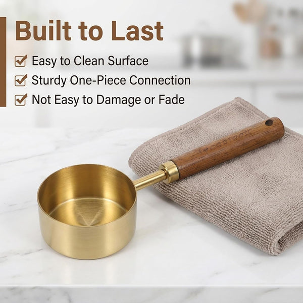 1/4 Cup Measuring Cup, 60Ml Stainless Steel Measuring Scoop Gold Coffee Scoop 4/3 Teaspoon with Wooden Handle for Baking Cooking Wet and Dry Ingredients6