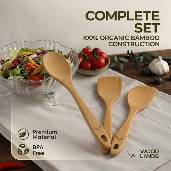 Prime Bamboo Wooden Spoons for Cooking Set of 3 Pcs – Wooden Cooking Utensils with Long Handle, Includes Flat Wood Spoon, Bamboo Spatula, and Slotted Spoon for Kitchen Utensils Set7
