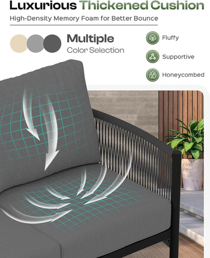 Aluminum Outdoor Patio Furniture Set with Dual-Layer Coffee Table, 4 Piece Modern Patio Conversation Sets with PE Rope, Outdoor Sectional Sofa with Thick Cushions for Balcony, Porch, Charcoal4