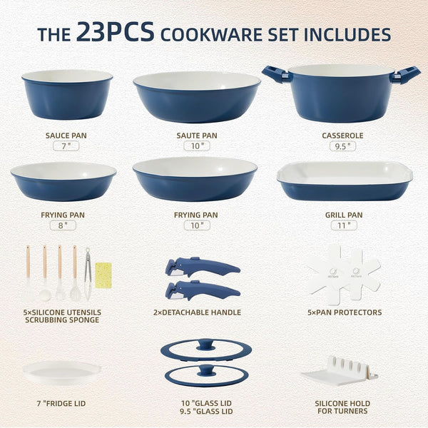 23Pcs Ceramic Pots and Pans Set, Nonstick Detachable Handle Cookware, Induction Kitchen Cooking Set with Removable Handle,Include Frying Pans & Saucepans Oven Safe(Blue)2