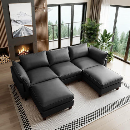 126" U Shaped Faux Leather Couch, Modular Sectional Sofa, Grey1
