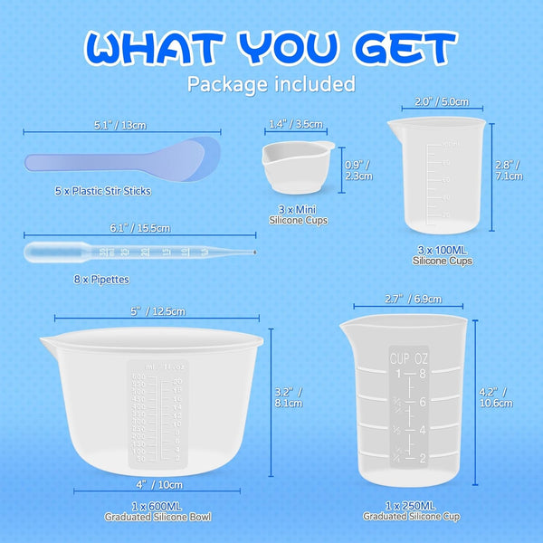 Silicone Resin Mixing Measuring Cups for Resin Supplies, 600Ml/20Oz Bowl, 250 & 100Ml Thickened Reusable Silicone Cups for Epoxy Mixing, with Stir Sticks and Pipettes, Jewelry Making2