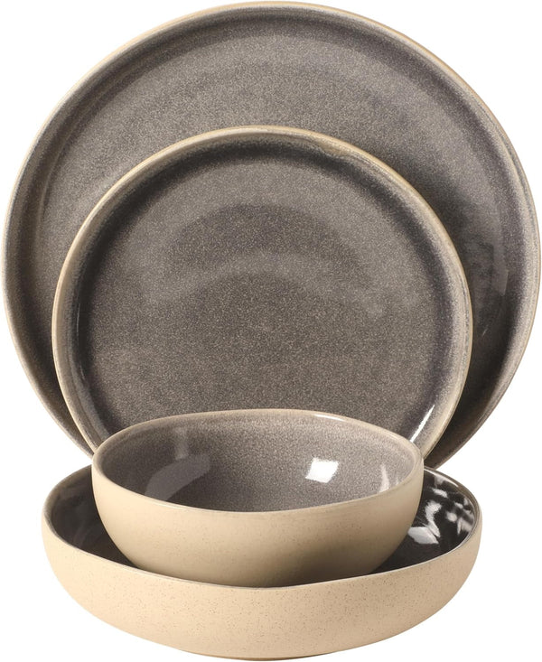 Manila Bay 16-Piece Stoneware Dinnerware Set, Service for 4, Reactive Glaze Modern Artisan Plates, Bowls & Mugs, Assorted Colors, round Design10