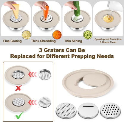 Mixing Bowls, Stainless Steel Salad Bowl with Lid & Graters -Khaki3