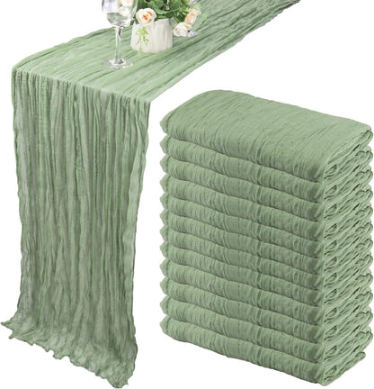 12 Pack 10Ft Cheesecloth Table Runner 35X120 Inch Boho Gauze Table Runner Cheese Cloth Long Romantic Table Runners for Wedding Bridal Shower Birthday Party Table Decor (Dusty Sage Green)1