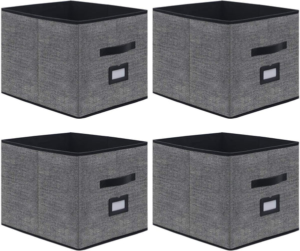 Extra Large Foldable Cloth Storage Cubes 4 Pack with Label Holders - Fabric Storage Bins Baskets Organizers for Home Office Nursery with Handles, 13 L X 15 W X 13 H Inch, Black, MXABXL04PLP1