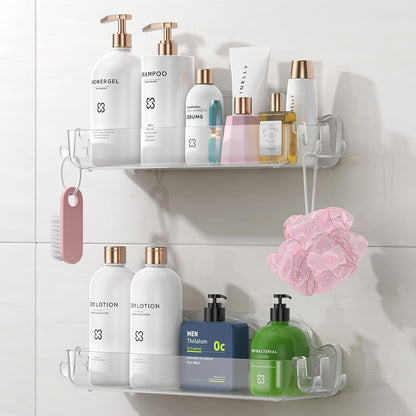 2 Pack Acrylic Shower Caddy Adhesive, No Drilling Bathroom Shower Organizers, with 4 Removable Hooks, Wall Mounted Shower Shelves, Acrylic Shower Holder Storage for Bathroom, Dorm, Kitchen1