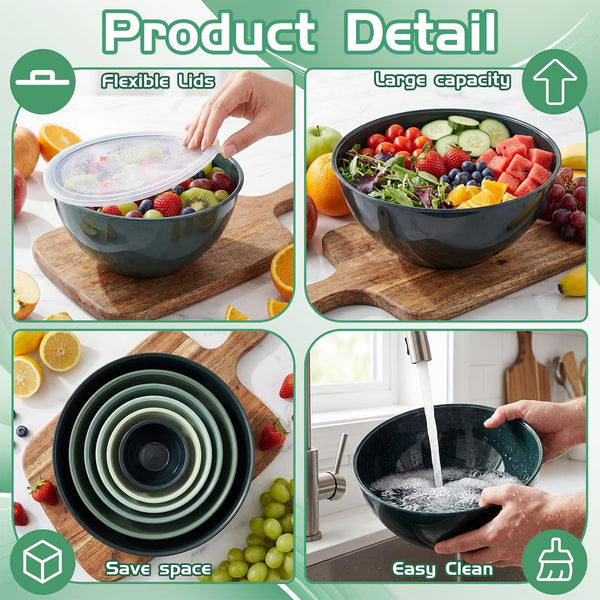 6 Pcs Plastic Mixing Bowl Set with Lids Colorful Serving Bowl Nesting Storage Bowls for Kitchen, Baking, Prepping, Cooking and Serving Food, Dishwasher & Microwave Safe(Green)4