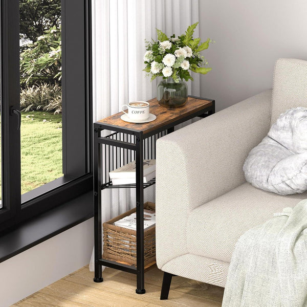 Small Side Table for Small Space, 3-Tier Narrow End Table with Magazine Holder,Slim Nightstand, Skinny Snack Couch Table in Living Room, Bedroom Study and Balcony (Rustic Brown &Black)2