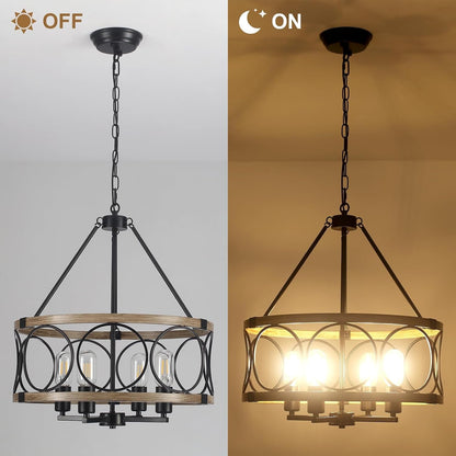 4-Light Farmhouse Chandelier, Rustic Faux Wood Chandeliers Dining Room Light Fixture, round Pendant Light, Hanging Kitchen Island Light for Living Room, Entryway, Foyer-Black & Wood Grain9