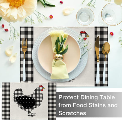 Farm Chicken Hen Animal Placemats Set of 4, Black White Buffalo Check Plaid Farmhouse Chick Dining Table Place Mats, Spring Summer Country Rustic Kitchen Decor Home Decoration 12 X 18 Inch5