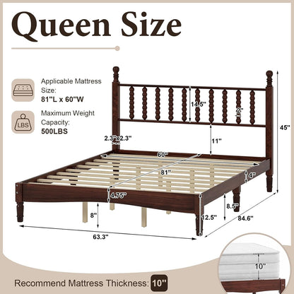 Walnut Vintage Wood Bed Frame Queen Size with Spindle Headboard2