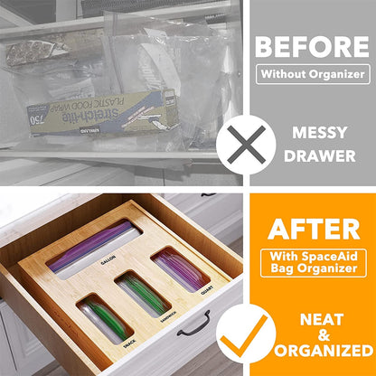 Bag Storage Organizer for Kitchen Drawer, Bamboo Organizer, Compatible with Gallon, Quart, Sandwich and Snack Variety Size Bag (1 Box 4 Slots)2