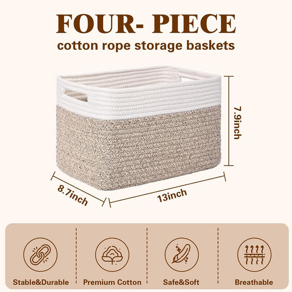 Storage Baskets for Organizing, 4 Pack Baskets for Shelves, Decorative Storage Bins for Shelves, Cotton Rope Storage Basket with Handles, Woven Basket for Storage, 13''Lx8.7''Wx7.9''H, White & Brown3
