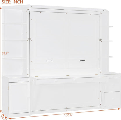 Queen Murphy Bed with Storage Shelves, Desk, and LED Lights,Wood Hidden Folding Farmhouse Murphy Wall Bed with Storage Cabinets Bookcase Drawers & Shelves for Adults, Space-Saving (Queen,White)3