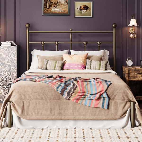 Queen Size Metal Platform Bed Frame with Victorian Vintage Headboard/Under Bed Storage/No Box Spring Needed/Easy Assembly/Noise Free/Mattress Foundation/Gold1