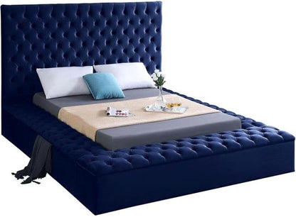 King Bed, Solid Wood Frame, Navy Tufted Velvet Fabric, 96" W X 98" D X 60.5" H, Storage Rails, Footboard, Full Slats, Modern Style Bedroom Furniture1