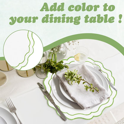 4 Pieces 15''/38 CM Linen Placemats Set, Embroidered Green round Placemats Washable Scalloped Cloth Fabric for Dining Table Decor Place Kitchen Dinner Party4
