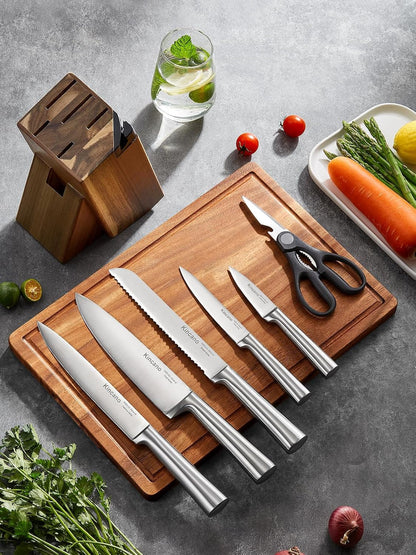 Knife Set 7 Piece German Steel Kitchen Knife Block Set | Wooden Block with Built-In Sharpener, One-Piece Design, Counter Space Save, for Apartment & Modern Kitchen, Cooking & Gift7