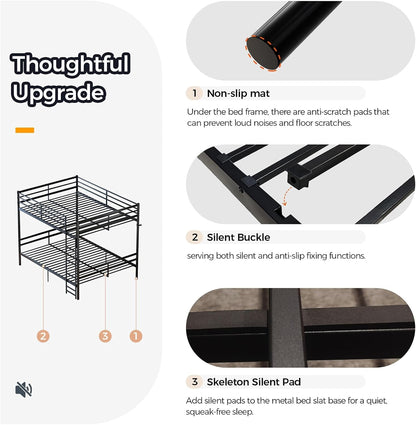 Queen over Queen Metal Bunk Bed with Ladder and High Guardrails, Convertible into 2 Queen Beds,770 Lbs Bottom & 550 Lbs Top Capacity, Heavy-Duty Slat Support, No Box Spring Needed4