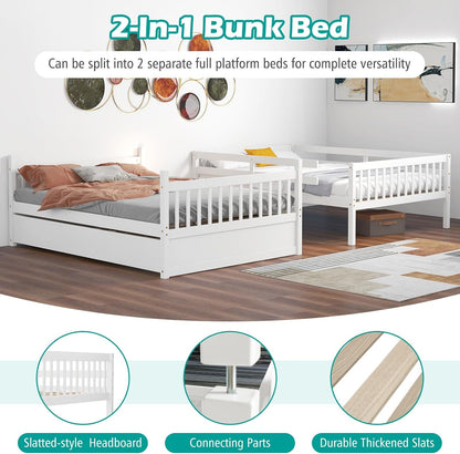 Full over Full Bunk Bed with Trundle, Solid Wood Trundle Bed Frame W/Guardrails and Ladder, Convertible to 2 Beds, Full Size Bunk Beds for Adults Kids Teens, No Box Spring Needed, White4