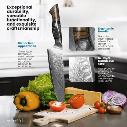 Damascus Kitchen Knife Set | 67-Layer Damascus Steel | Professional Set: 13” Chef, 12.3” Santoku & 9.8” Utility Knife | Ergonomic Wood & Resin Handle | Gift Box Included (Black, 3-Piece Set)2
