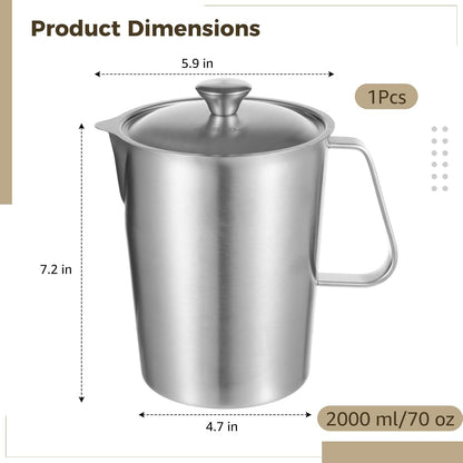 2L Stainless Steel Pitcher with Lid, 70 Oz Measuring Cup with Dual-Scale Markings, Milk Frothing Jug, Large Beaker for Espresso Machine, Hot/Cold Water, Latte Art, Iced Tea4