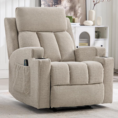 Manual Recliner Chair with Massage and Heat,Comfy Recliner Chair Sofa with Overstuffed Arms and Back, Manual Reclining Single Sofa with 2 Cup Holders, Side Pocket for Living Room,Beige1