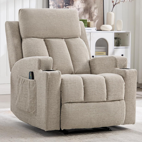 Manual Recliner Chair with Massage and Heat,Comfy Recliner Chair Sofa with Overstuffed Arms and Back, Manual Reclining Single Sofa with 2 Cup Holders, Side Pocket for Living Room,Beige1