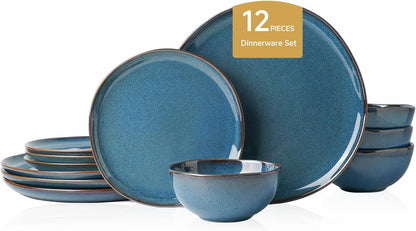 Stoneware Dinnerware Sets for 4, Reactive Glaze Plates and Bowls, Blue1