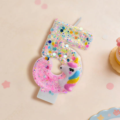 Unicorn Number 5 Birthday Candles - Glittering Birthday Cake Topper, Pink & Gold Sparkle Number Candle for Cartoon Theme Birthday Party Decorations (Unicorn, Number 5)7