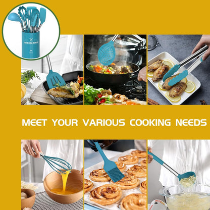 15 Pcs Silicone Cooking Utensils Kitchen Utensil Set -  446°F Heat Resistant Stainless Steel Handles Kitchen Gadgets Tools Set for Nonstick Cookware(Blue)4