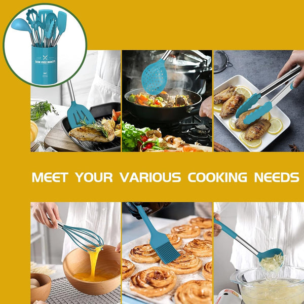 15 Pcs Silicone Cooking Utensils Kitchen Utensil Set -  446°F Heat Resistant Stainless Steel Handles Kitchen Gadgets Tools Set for Nonstick Cookware(Blue)4